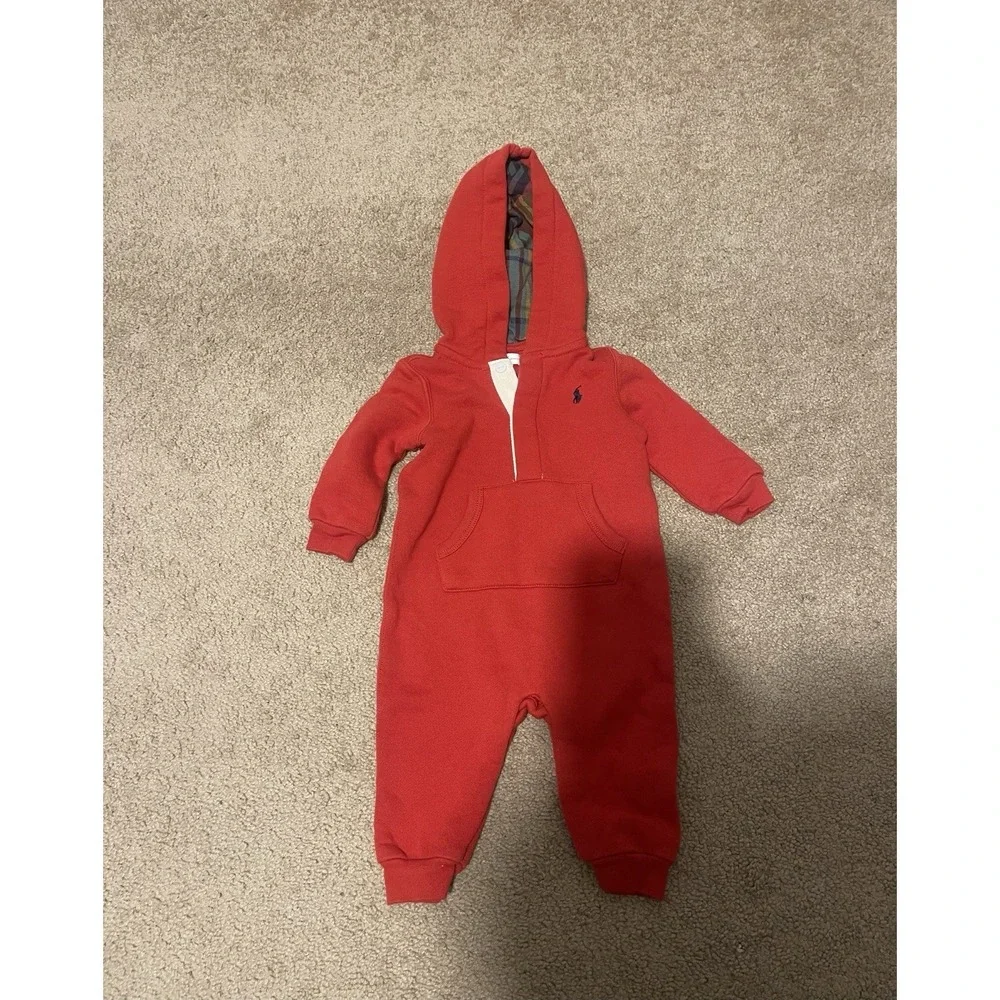 Ralph Lauren Baby Holiday Fleece Hooded Coverall Red Polo One Outfit Plaid 6M